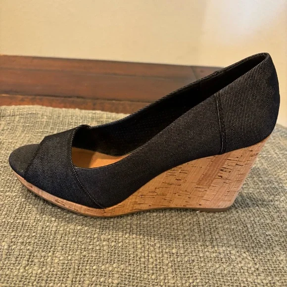 Toms Black Denim Stella Peep-Toe Cork Wedge Heels - Picture 10 of 13